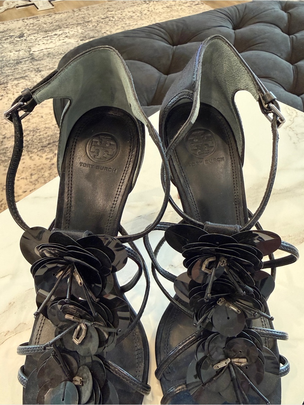 Tory Burch Black Floral Sequin Strappy Heels